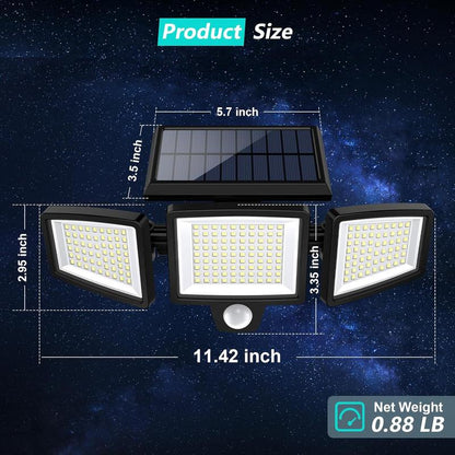 Solar Outdoor Security Lights 2500LM, 210LED 3-Head Motion Sensor, IP65 Waterproof for Yard, Garage & Garden