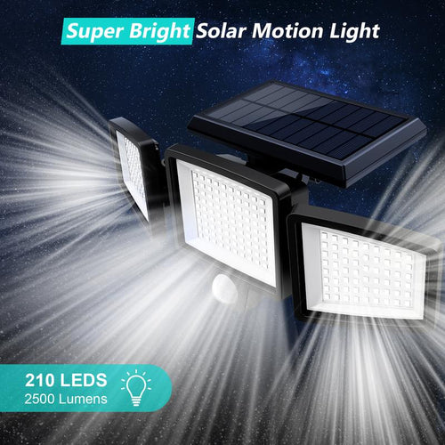 Solar Outdoor Security Lights 2500LM, 210LED 3-Head Motion Sensor, IP65 Waterproof for Yard, Garage & Garden