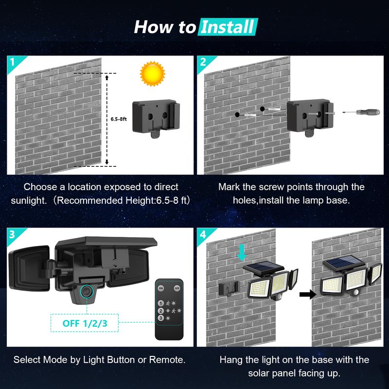 Solar Outdoor Security Lights 2500LM, 210LED 3-Head Motion Sensor, IP65 Waterproof for Yard, Garage & Garden