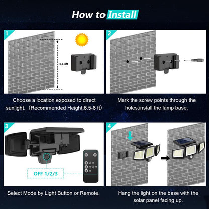 Solar Outdoor Security Lights 2500LM, 210LED 3-Head Motion Sensor, IP65 Waterproof for Yard, Garage & Garden